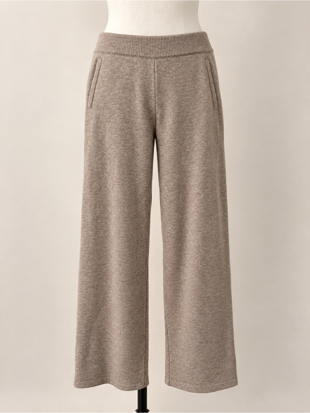 Taupe Knit Wide Leg Pull On Pants Size L Ribbed Waist